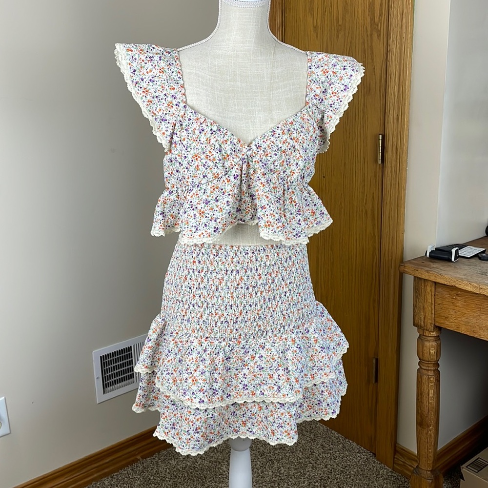 Free The Roses Two Piece - Embroidered Ruffled Bandeau Top and Skirt